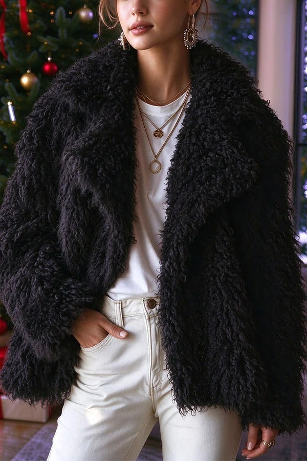 Warm Winter Teddy-style Curly Plush Long Sleeve Lapel Coat