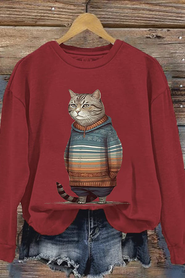 Women's Winter Cat Print Crew Neck Sweatshirt