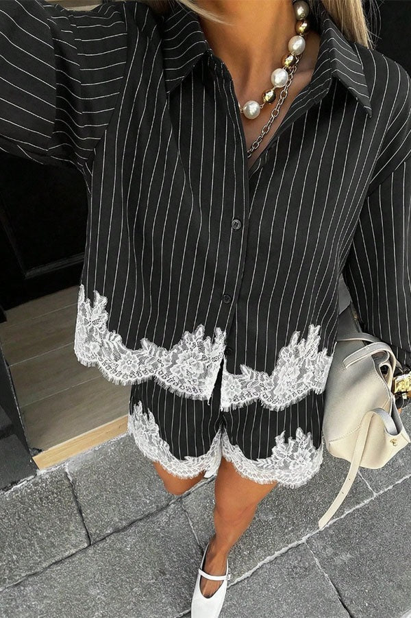 Anna Lace-trimmed Striped Shirt and Shorts Set