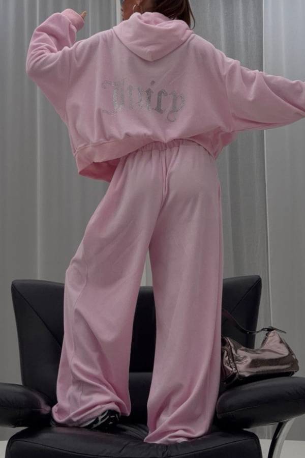 Velvet Rhinestone Cropped Hoodie Wide Leg Pant Set