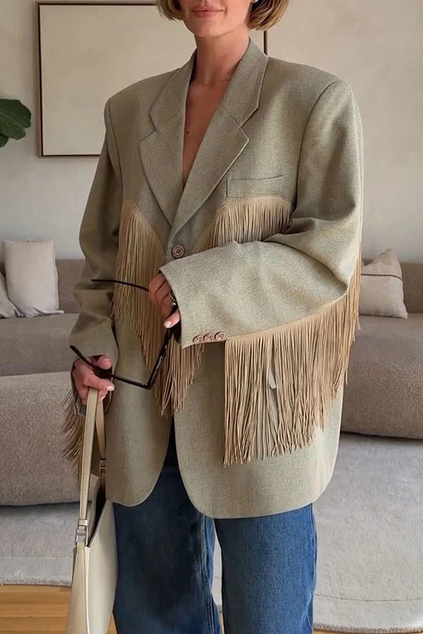 Dynamic and Stylish Heart-shaped Tassel Pattern Trim Long Sleeve Lapel Oversized Blazer Coat