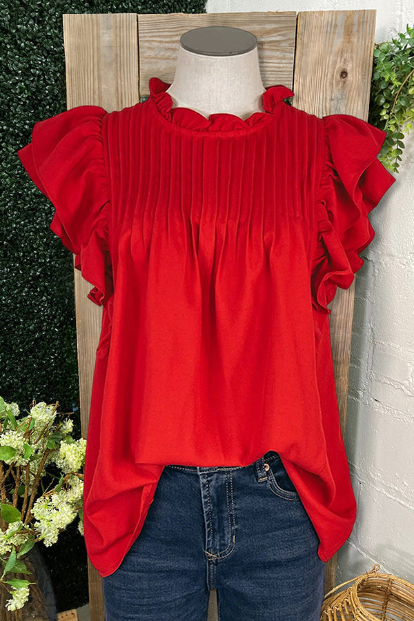 Pleated Double Ruffle Sleeve Shirt