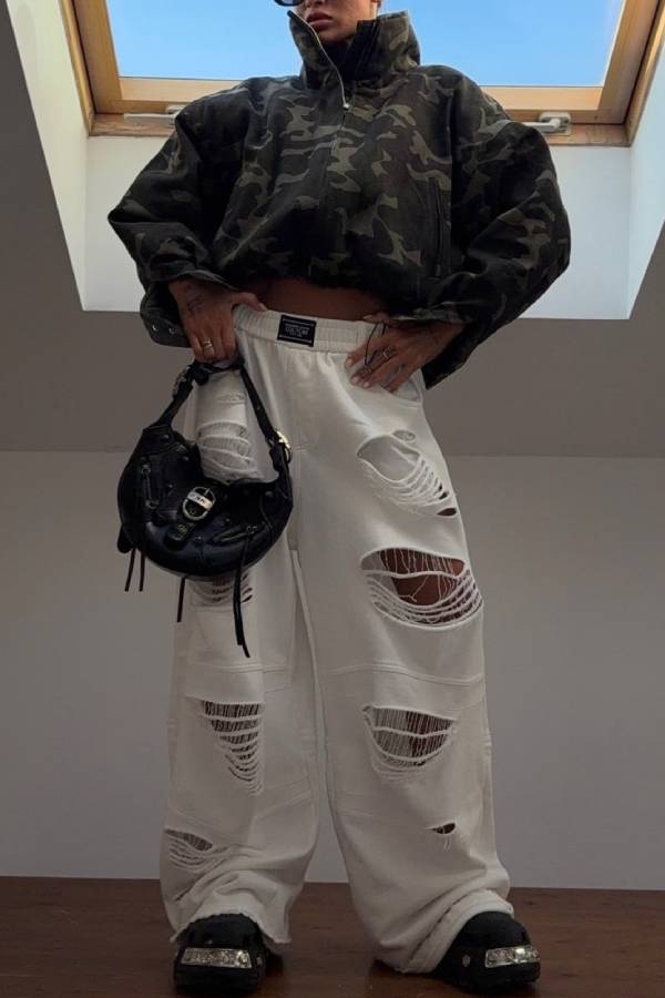 Streetwear Multi-Ripped Wide Leg Sweatpants