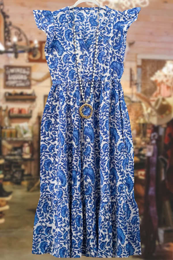 Vintage Floral Print V-Neck Maxi Dress