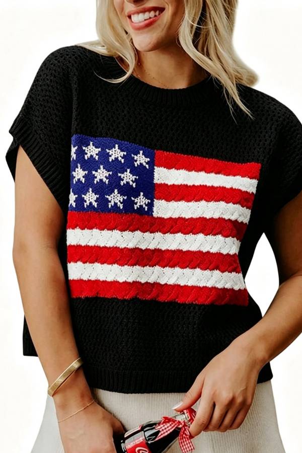 American Flag Hollow‑Out Knit Vest Top