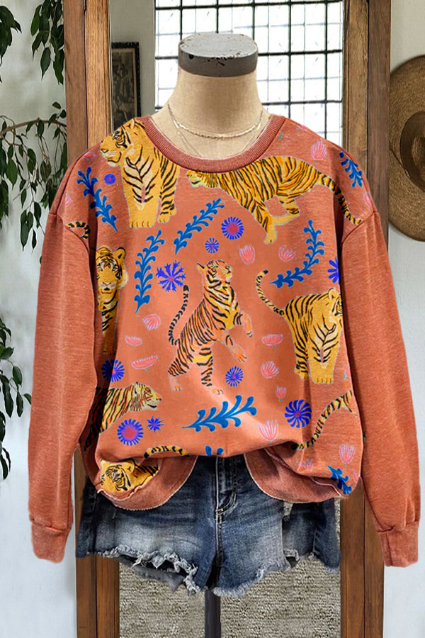 Casual Tiger Print Color Contrast Long Sleeved Sweatshirt