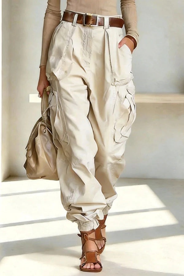 Street Style Solid Color High Waist Pocketed Loose Fit Cargo Pants