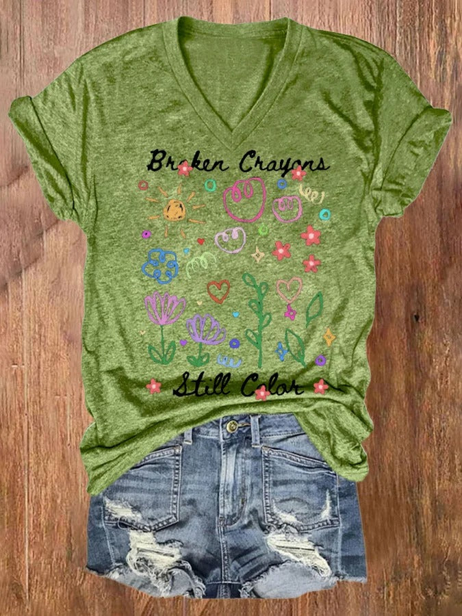 Women's Broken Crayons Still Color Mental Health Print V-Neck Short Sleeve T-Shirt