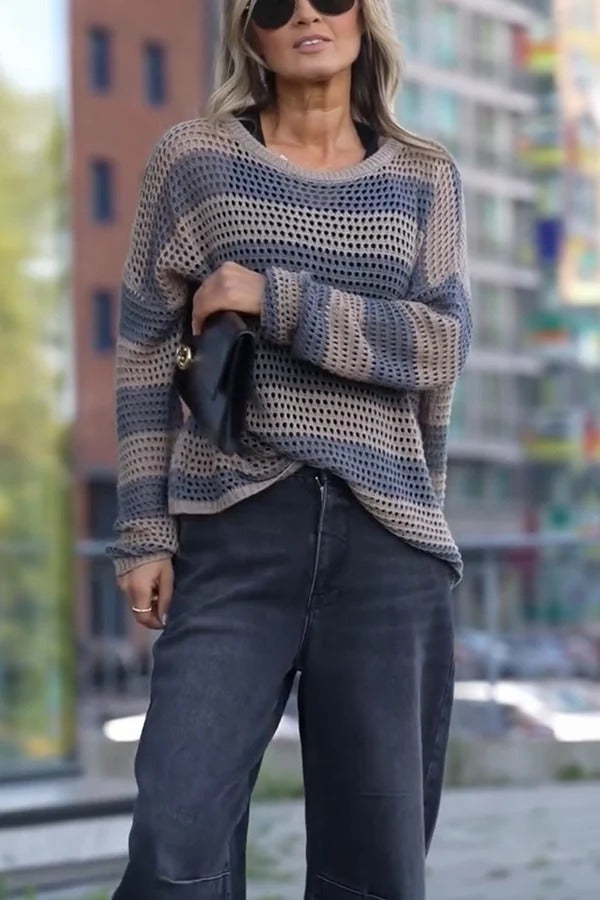 Stylish Knit Color-blocked Stripes Cutout Wide Neck Long Sleeve Relaxed Sweater