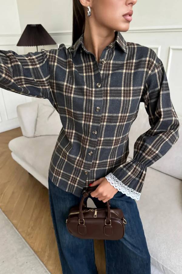 Lace Cuff Fitted Plaid Blouse