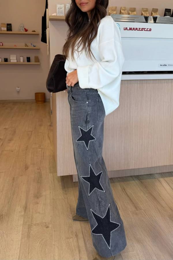 Jessy Denim Mid Rise Side Star Pattern Pocket Wide Leg Jeans