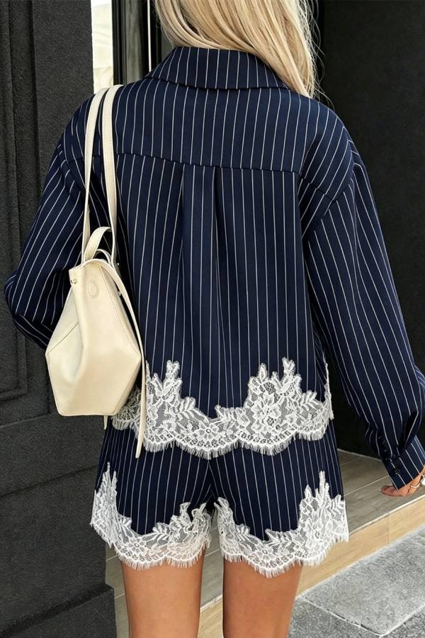 Anna Lace-trimmed Striped Shirt and Shorts Set