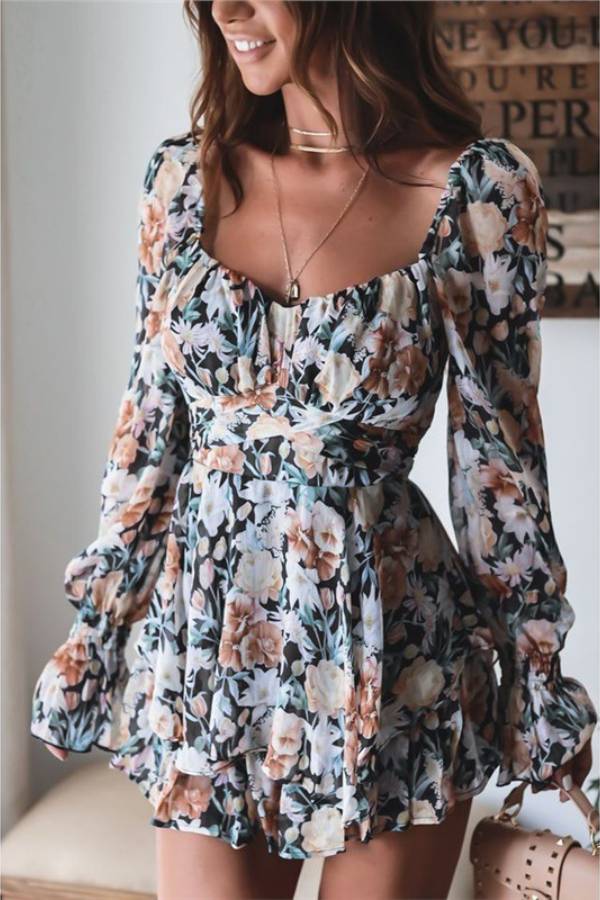 Square Neck Floral Long Sleeve Ruffle Romper