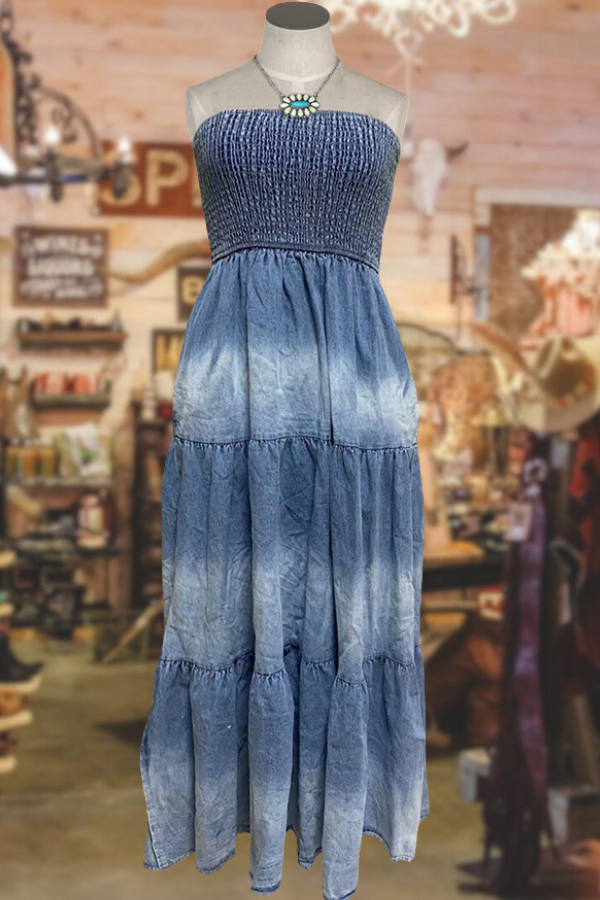 Smocked Bandeau Denim Maxi Dress