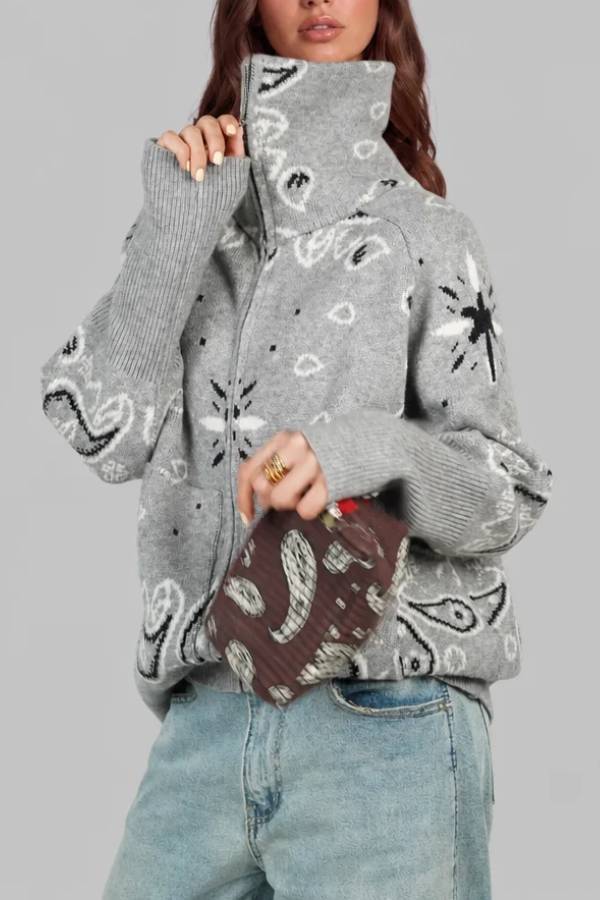 Paisley Bandana Print High Collar Zip Up Knit Cardigan