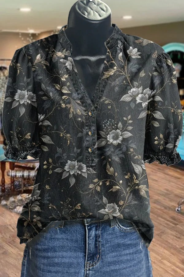 Chic Floral Print V-Neck Top