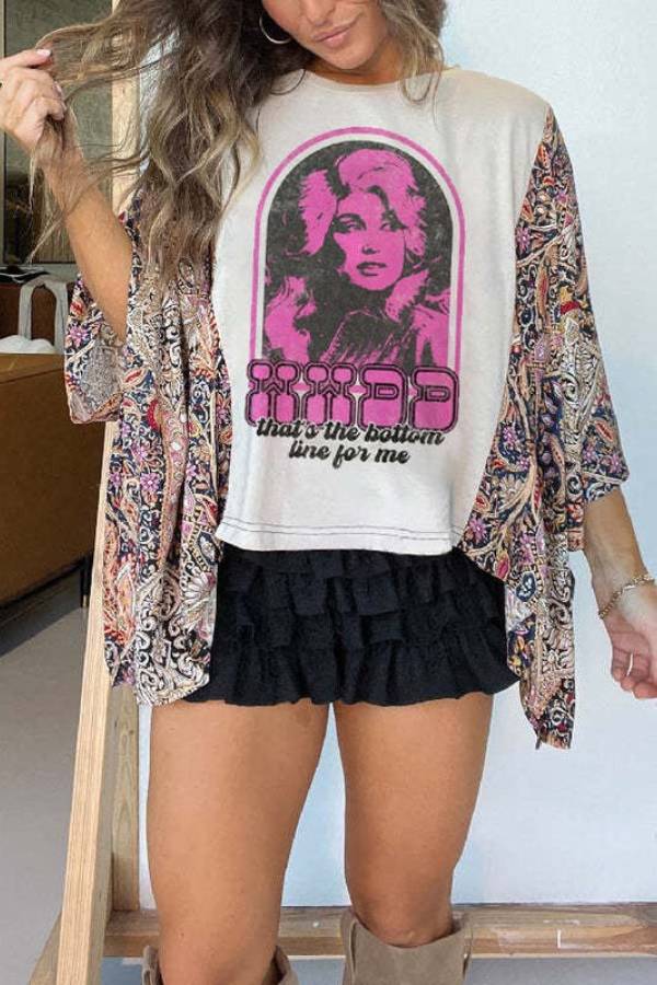 Boho Oversized Portrait Batwing Crop T‑Shirt
