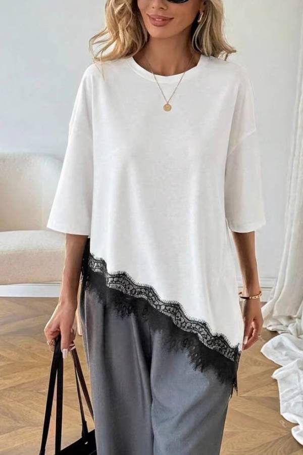 Asymmetrical Lace Hem Mid Sleeve Loose T-Shirt