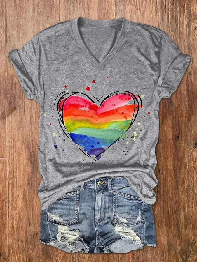 Women's Watercolor Love Heart Rainbow Print V-Neck T-Shirt