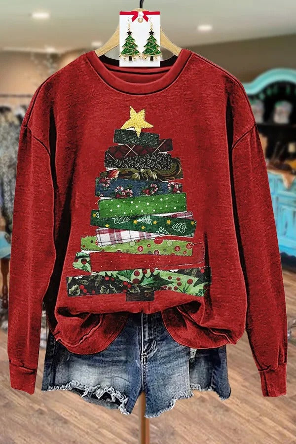 Mixed Christmas Tree Print Sweatshirt