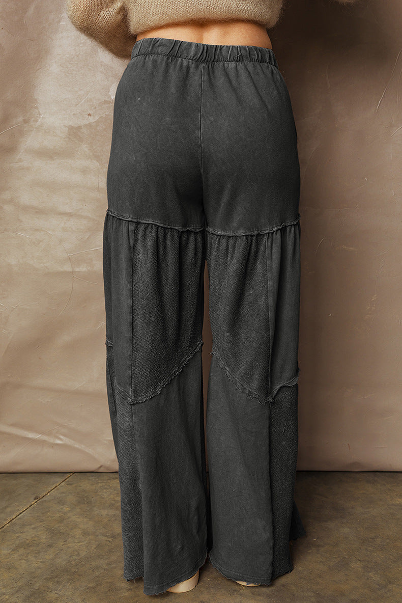 Washed Patchwork Drawstring Wide-Leg Pants