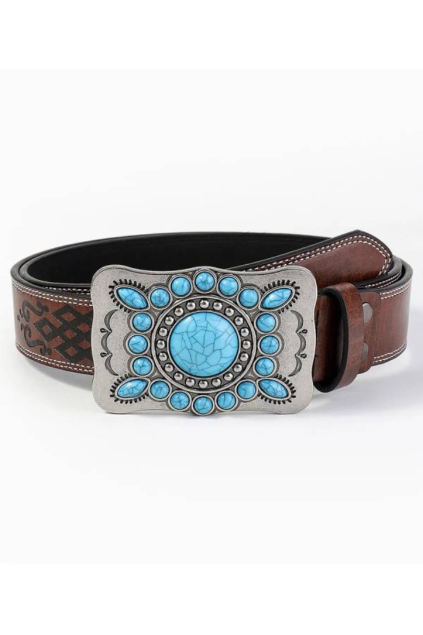 Casual Vintage Gem Flower Decorated PU Leather Belt