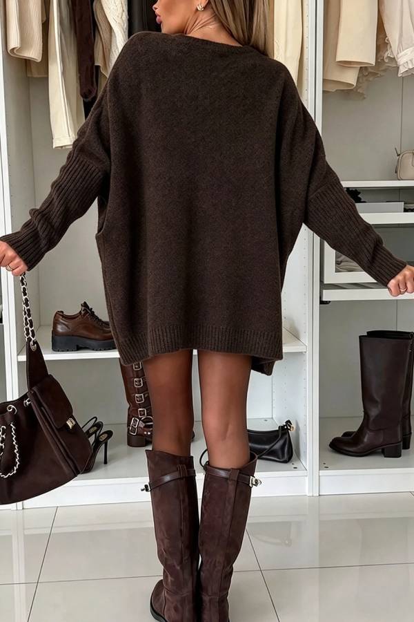 Warm Touch Knit Long Batwing Sleeve Pocket Oversized Sweater Mini Dress