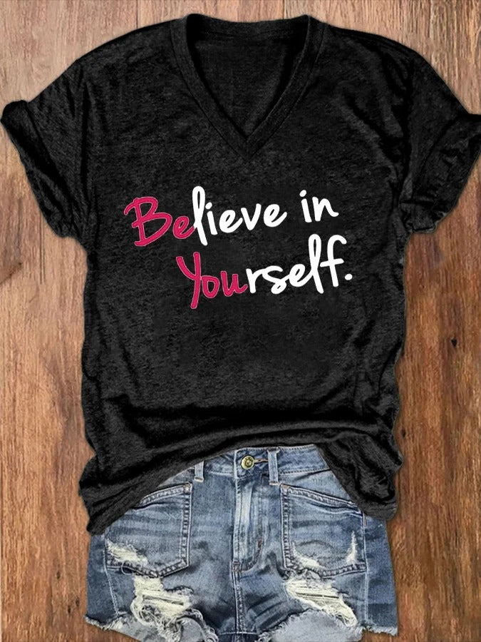 Women's Believe Yourself Printed V-Neck T-Shirt