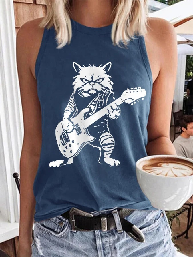 Women's Rock Cat Playing Guitar Casual Vest