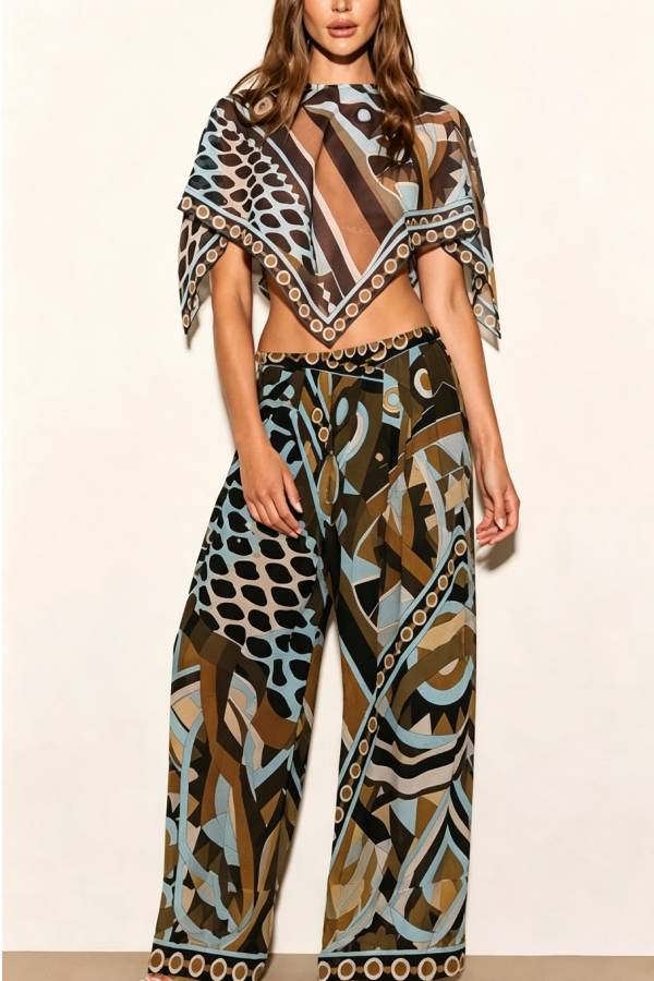 Fresh and Vibrant Artistic Print Mid Rise Wide Leg Pants