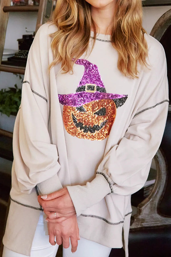 Oversized Sequin Pumpkin Reverse Seam Pullover