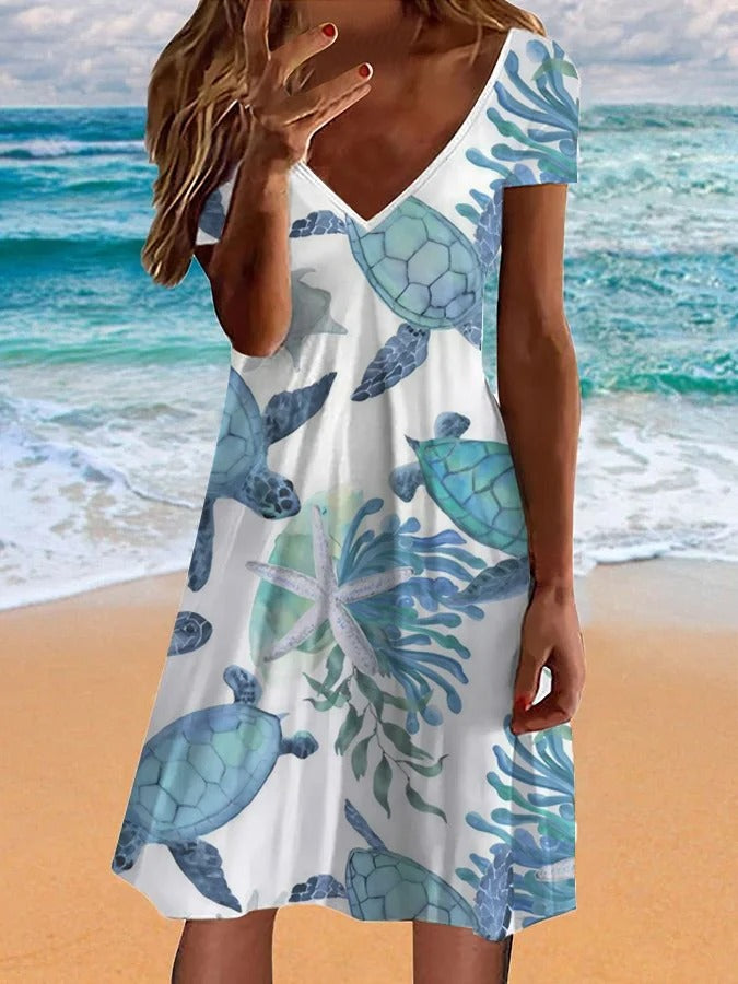 Women's Hawaiian Turtle Print V-Neck Resort Dress