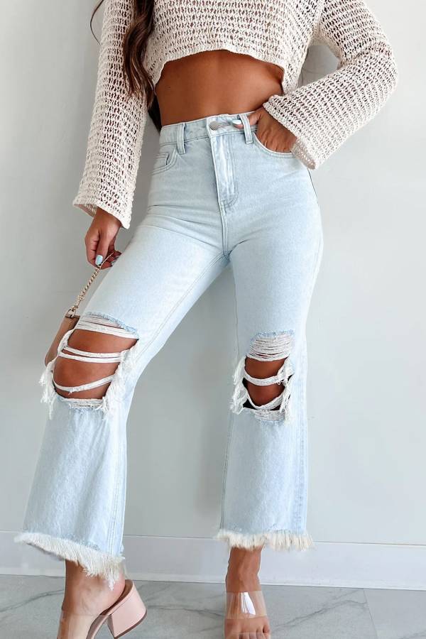 Light Blue High Waist Ripped Tie Fringe Flare Jeans
