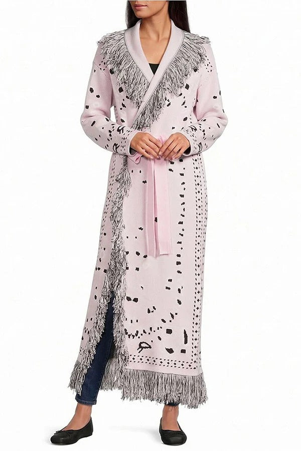 Lennie Bandana Knit Printed Fringe Shawl Collar Long Sleeve Belted Duster Cardigan