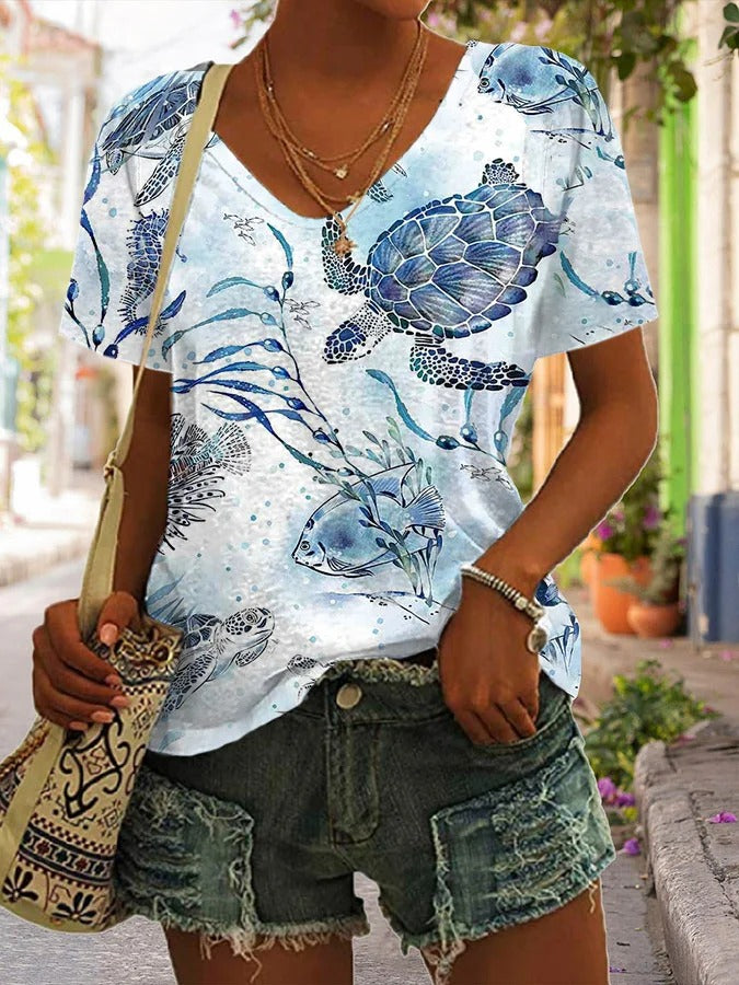 Women's Hawaiian Turtle Print Casual V-Neck T-Shirt