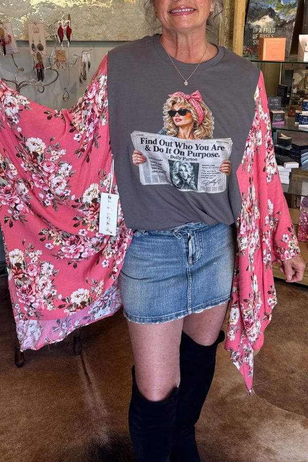 Dolly Parton Print Contrast Kimono Sleeve Top