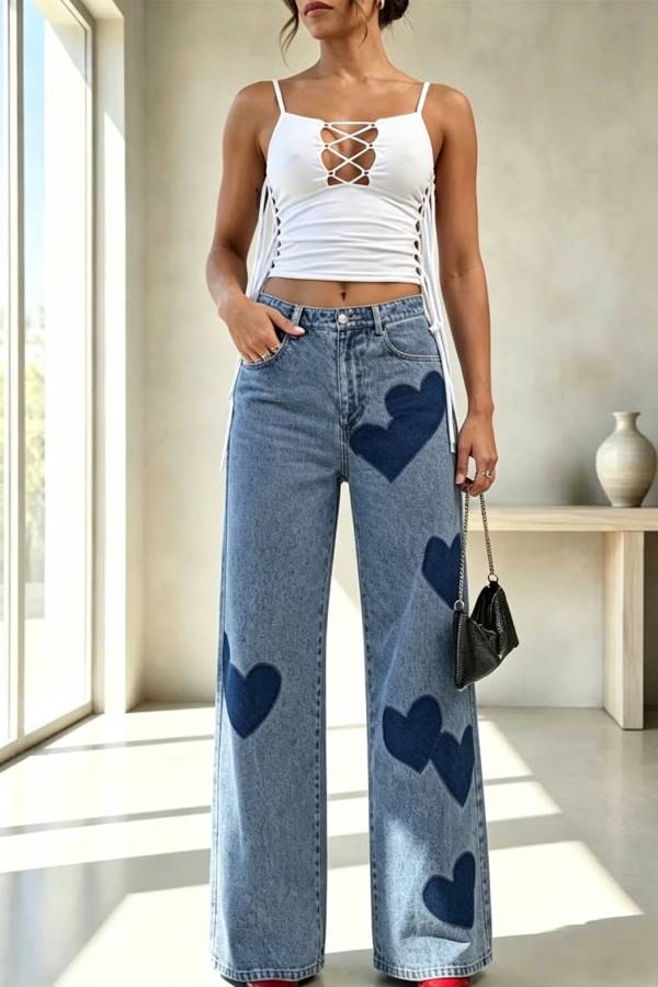 Retro Casual Denim Heart Print High Rise Pocket Wide Leg Jeans