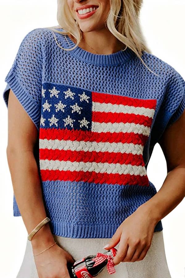 American Flag Hollow‑Out Knit Vest Top