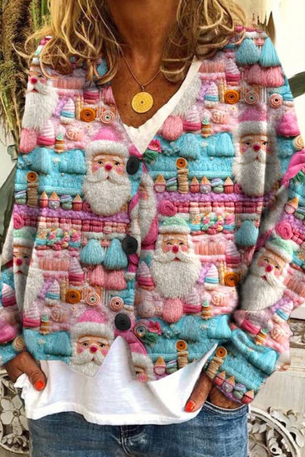 Christmas-themed V-neck single-breasted loose-fitting knit cardigan