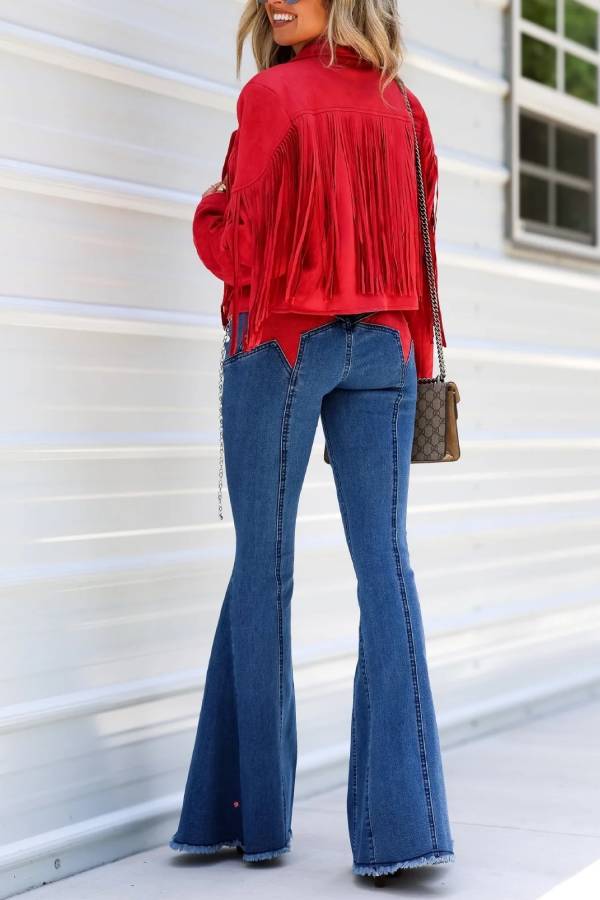 Western Style Red Fringe Cropped Jacket