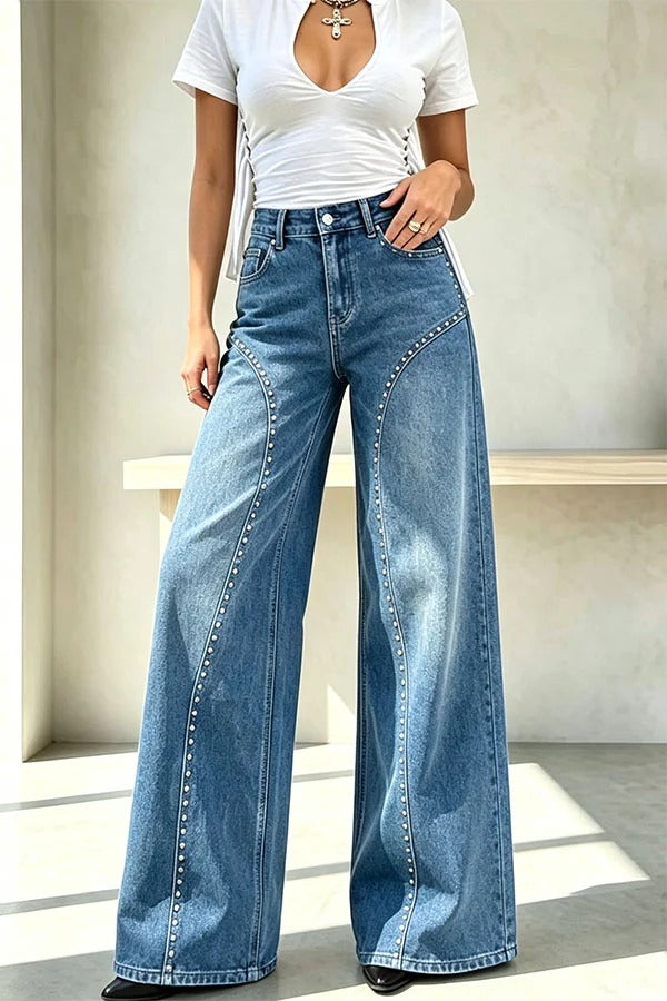 Trendy and Unique Denim Beaded High Rise Pocket Straight Leg Jeans