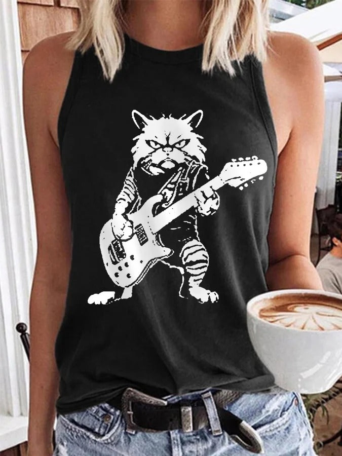 Women's Rock Cat Playing Guitar Casual Vest