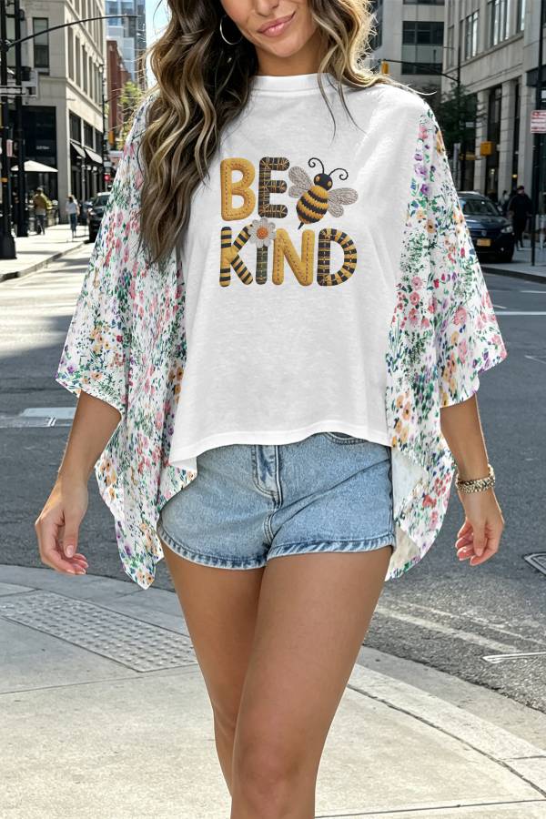 Graphic Print Mixed Fabric Batwing Sleeve Irregular Back Hem Blouse