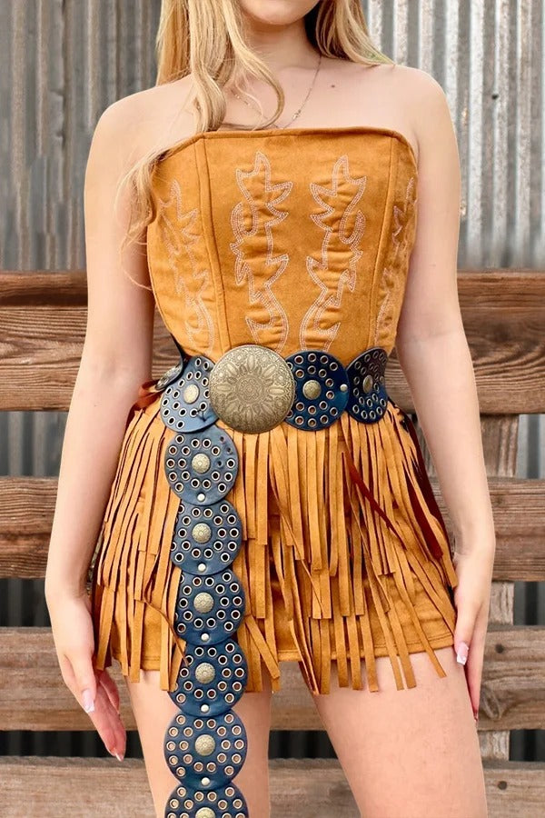 Vintage Western Print Layered Fringe Dress