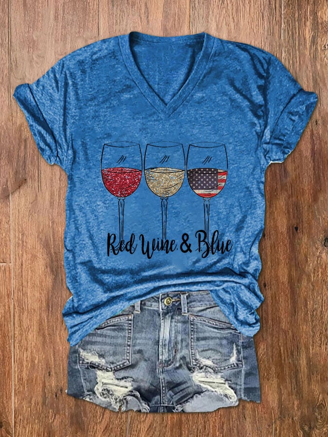 Women's Red Wine Blue Red Wine Glass Flag Print V-Neck Basic T-Shirt