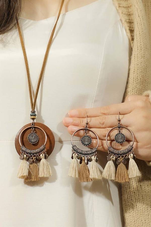 Vintage Distressed Bohemian Tassel Necklace Earrings Set
