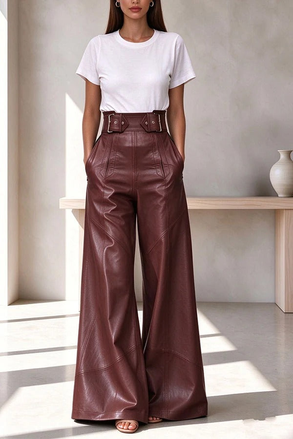 Stylish PU Leather Pleated Metal Belted Pocket Wide Leg Pants