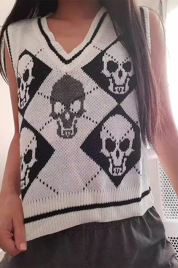 Halloween Skull Argyle Knit Sweater Vest