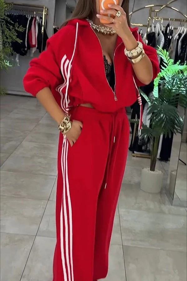 Fashionable Sporty Color-blocked Stripes Zip-up Hooded Sweatshirt and Elastic Waist Pocket Pants Set