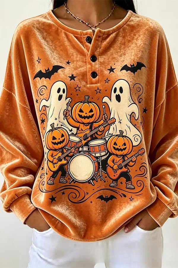 Spooky Season Velvet Long Sleeve Halloween Shirt with Buttons